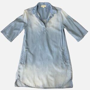 CLOTH & STONE Lyocell Light Blue Chambray Shirt Dress Roll Tab Sleeve Pockets S